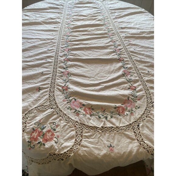 Vintage Cross Stitch Crochet Tablecloth Ivory Pink Flowers Oval 62